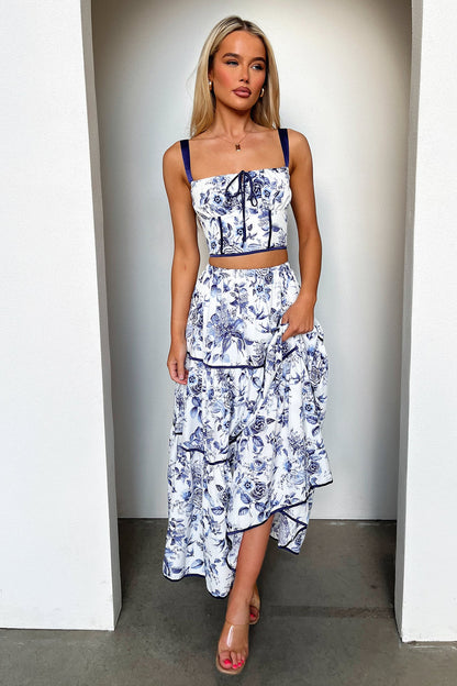 Joy Tiered Maxi Skirt - Blue Floral