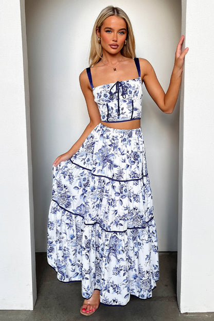 Joy Tiered Maxi Skirt - Blue Floral