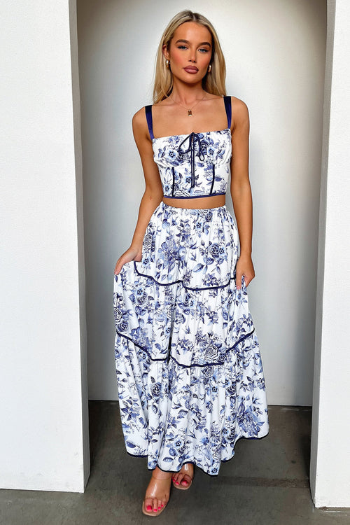 Joy Tiered Maxi Skirt - Blue Floral