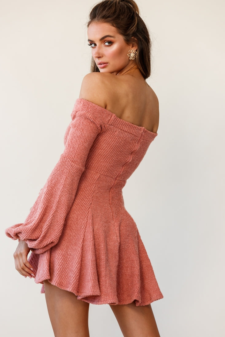 Morais Puff Sleeve Off Shoulder Fit and Flare Sweater Dress Rose