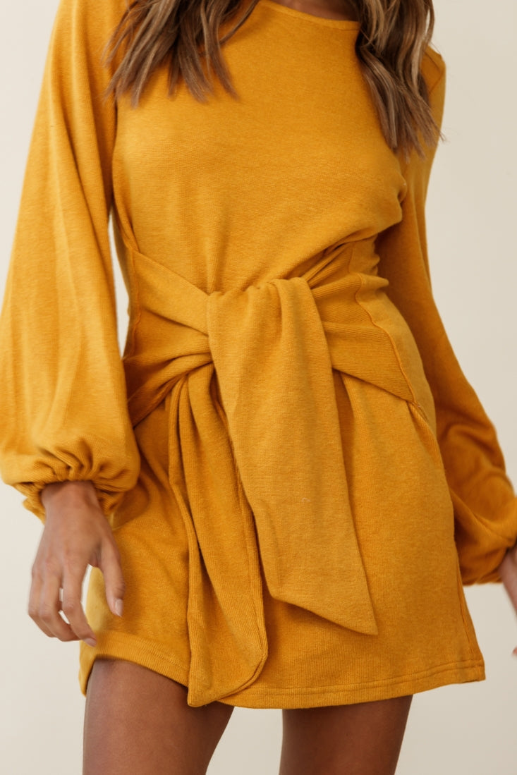 Rapt Waist Tie Knit Dress Mustard