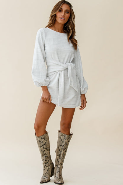 Rapt Waist Tie Bishop Sleeve Knit Dress Steel Grey
