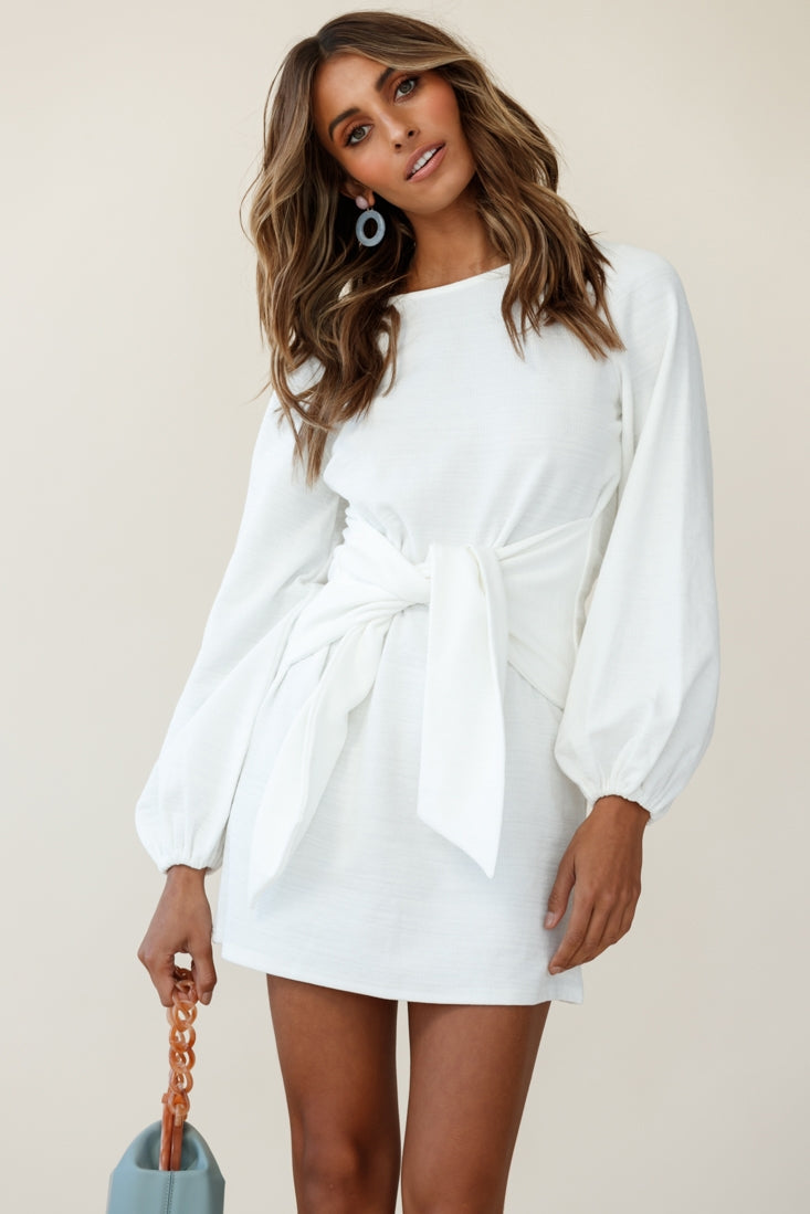 Rapt Waist Tie Balloon Sleeve Knit Dress White