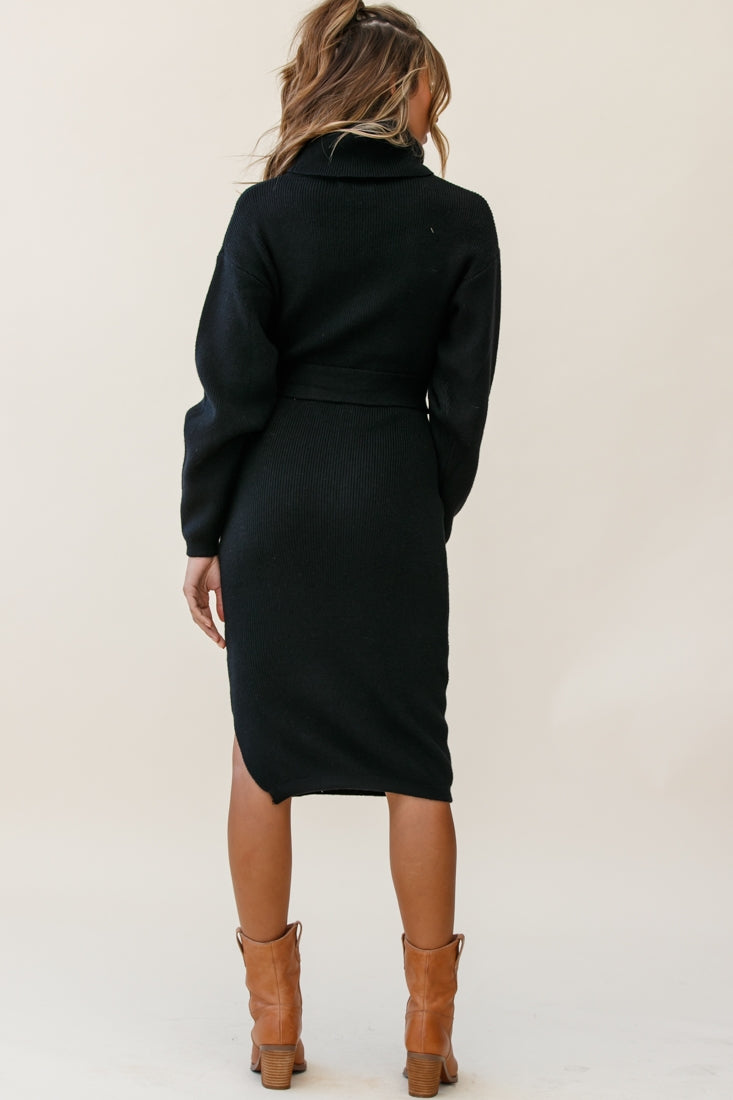 Marco Long Sleeve Turtleneck Knit Midi Dress Black