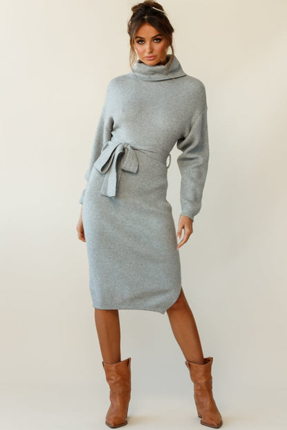 Marco Long Sleeve Turtleneck Knit Midi Dress Grey