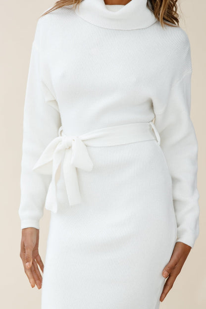 Marco Long Sleeve Turtleneck Knit Midi Dress White