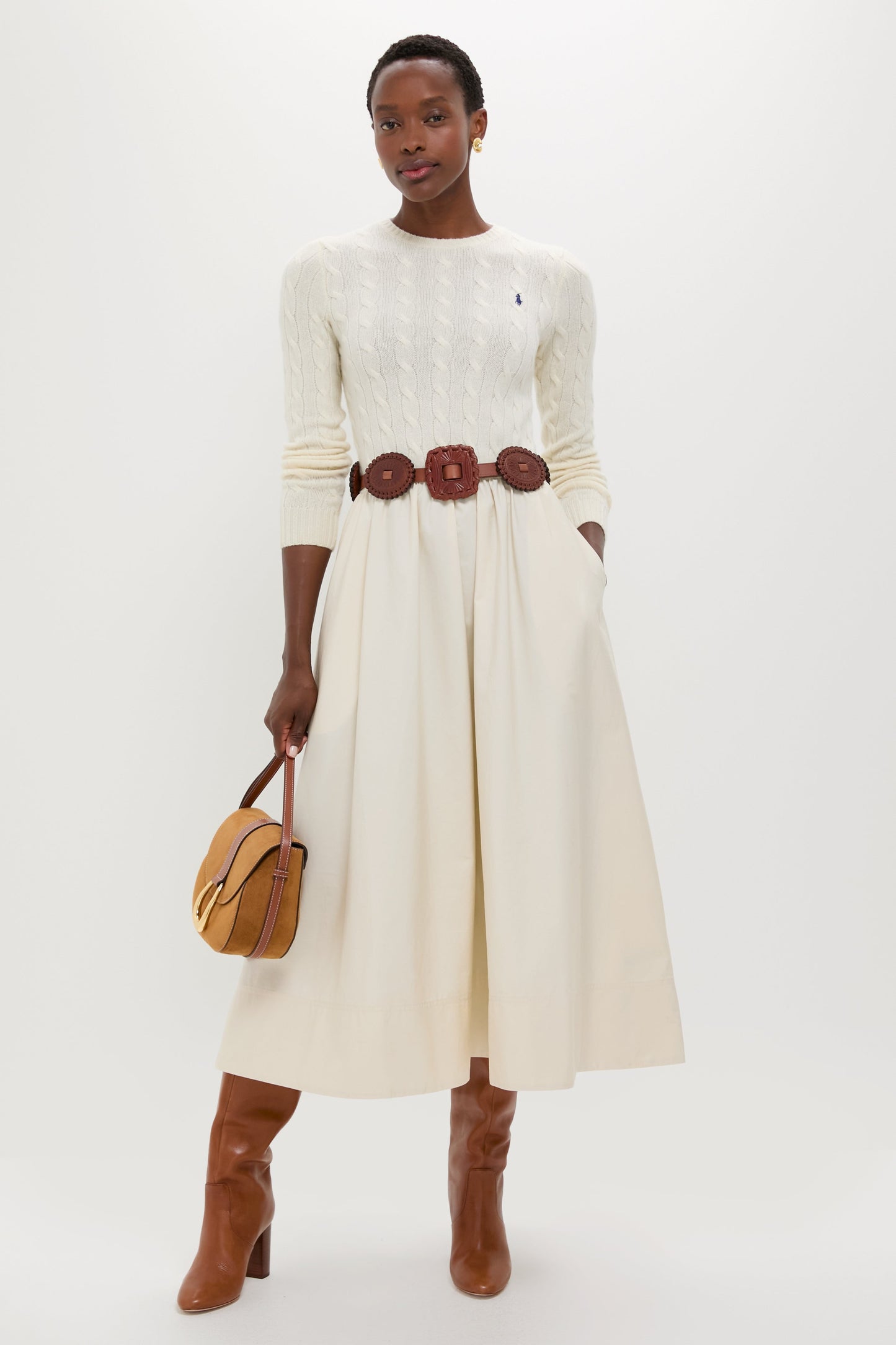Authentic Cream Crewneck Long Sleeve Fit and Flare Dress